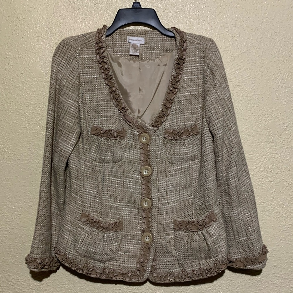 Monroe & Main Blazer Jacket 12 Short Brown Tan Cream Ruffle Trim Pockets Lined